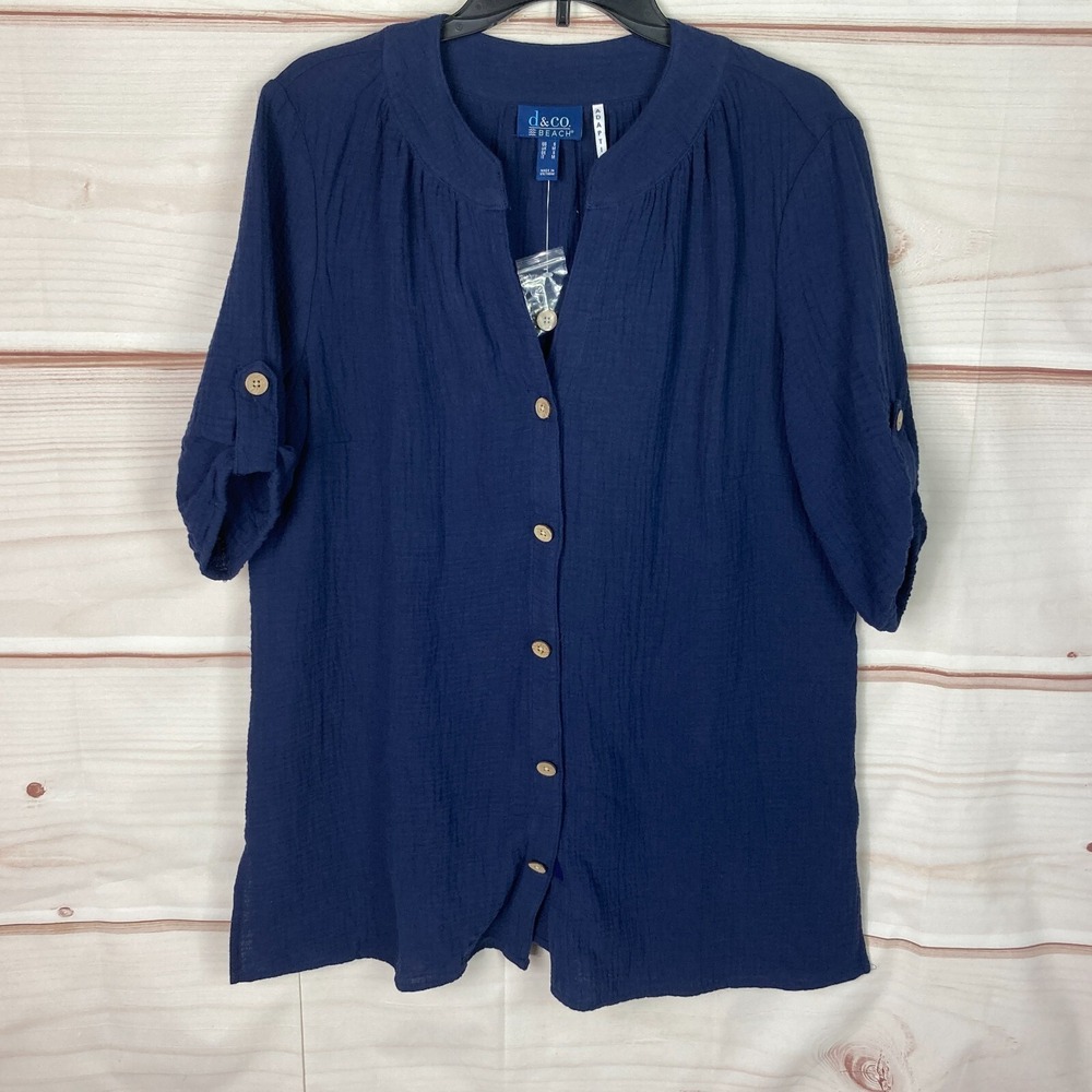 Denim & Co. Top Womens S Blue Adaptive Beach Gauze Hook & Loop Shirt Tunic Solid